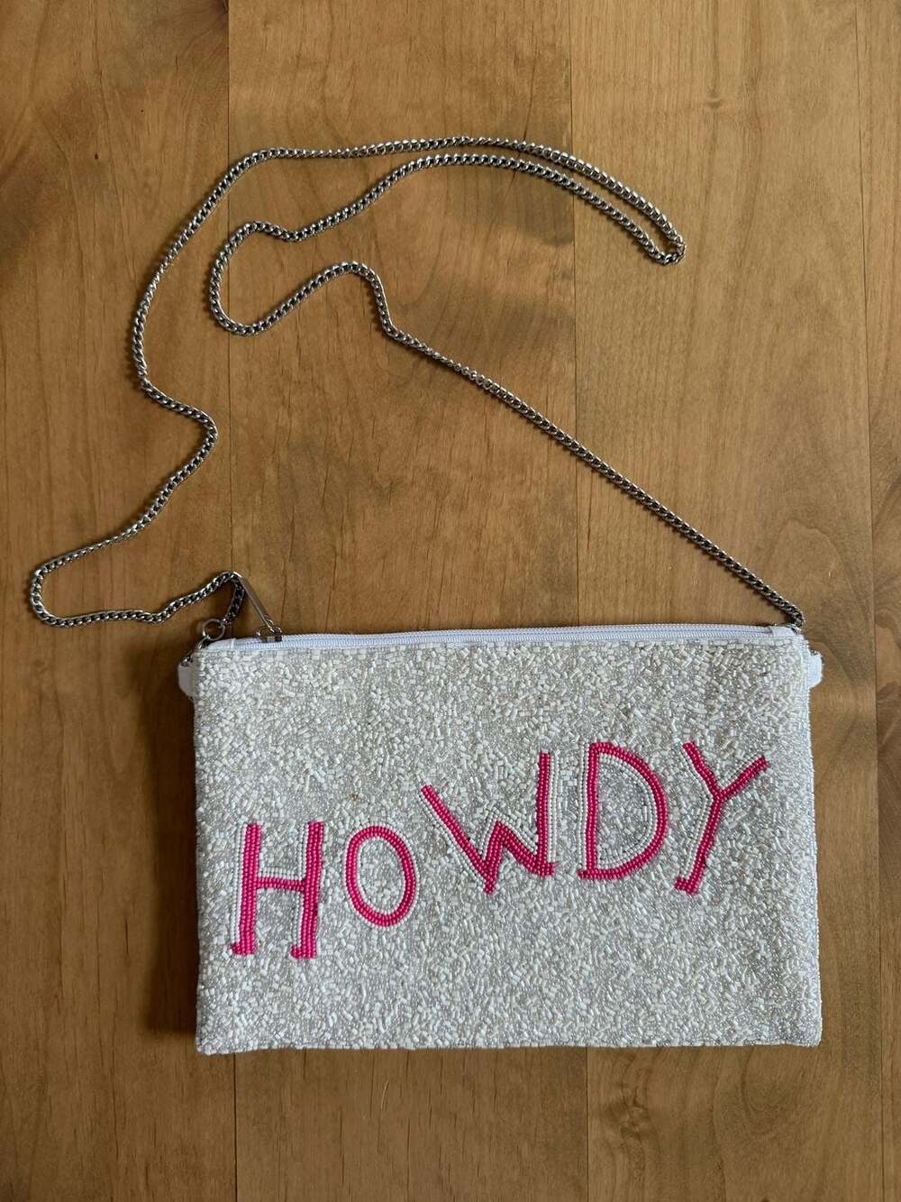 Treasure Jewels Howdy Beaded Clutch Purse White Pink Lettering